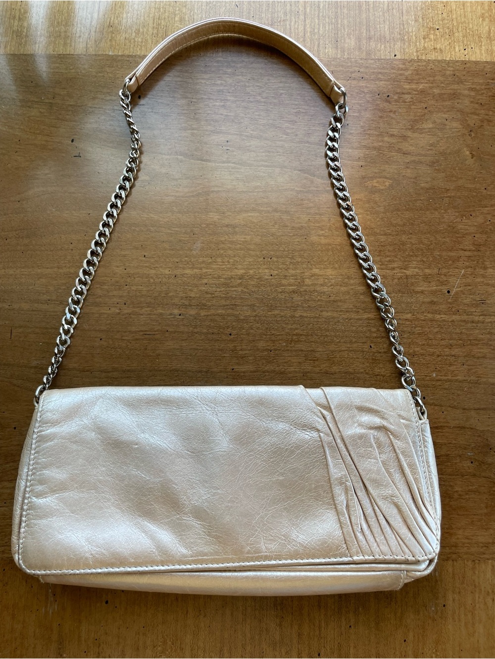 HOBO Cream Champagne Metallic Leather East-West Shoulder Bag with Chain Strap
